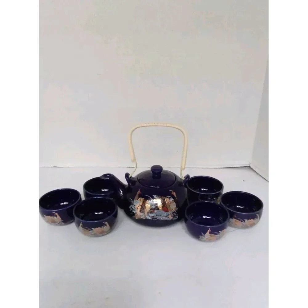 Traditional Japanese Tea Set with Dragon Design - 8 Piece Navy Blue Teapot & Cup